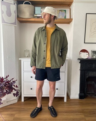 Men's Olive Shirt Jacket, Mustard Crew-neck T-shirt, Navy Sports Shorts, Black Canvas Low Top Sneakers