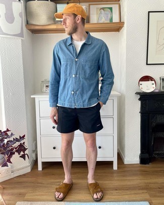 Navy Sports Shorts Outfits For Men: Go for a pared down but at the same time cool and casual choice in a blue chambray shirt jacket and navy sports shorts. Make this ensemble more functional by finishing with brown suede sandals.