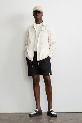 Olive Leather Loafers Outfits For Men: This combination of a white shirt jacket and black sports shorts is simple, on-trend and super easy to recreate. Olive leather loafers will put a more elegant spin on this ensemble.