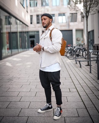 Brown Leather Backpack Outfits For Men: Display your prowess in men's fashion by putting together a white corduroy shirt jacket and a brown leather backpack for a modern casual combination. Black print canvas high top sneakers integrate smoothly within a ton of looks.