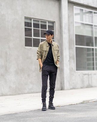 Tan Shirt Jacket Outfits For Men: This relaxed casual combo of a tan shirt jacket and charcoal sweatpants can take on different nuances according to how you style it out. To add a little flair to this outfit, add charcoal suede brogue boots to the mix.