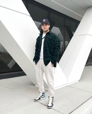 Men's Dark Green Plaid Fleece Shirt Jacket, White Crew-neck T-shirt, Grey Sweatpants, White and Navy Leather High Top Sneakers