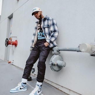 High Top Sneakers Outfits For Men: Opt for a white plaid fleece shirt jacket and black quilted sweatpants if you wish to look cool and casual without much effort. Go ahead and complement this look with high top sneakers for a carefree vibe.