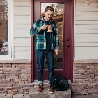 Dark Green Flannel Shirt Jacket Outfits For Men: For a cool and casual ensemble, make a dark green flannel shirt jacket and navy jeans your outfit choice — these two pieces fit pretty good together. Brown leather casual boots look right at home here.