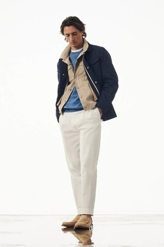 500+ Fall Outfits For Men: Display your polished side in a navy shirt jacket and white chinos. If you wish to effortlessly ramp up your outfit with shoes, introduce a pair of tan suede loafers to this ensemble. As you can see, this outfit is a really wonderful choice, especially for in-between weather, when the temps are starting to drop.