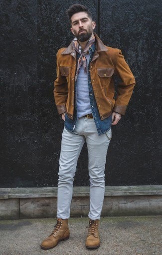 Brown Suede Shirt Jacket Outfits For Men: Super stylish, this relaxed casual combo of a brown suede shirt jacket and white jeans provides with variety. Let your sartorial chops truly shine by rounding off this look with tan leather casual boots.