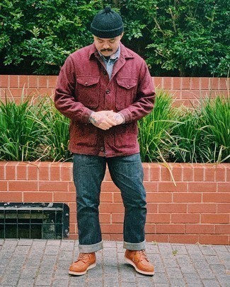 Burgundy Shirt Jacket Outfits For Men: This pairing of a burgundy shirt jacket and navy jeans is hard proof that a pared down casual getup can still look seriously stylish. If not sure as to what to wear in the footwear department, go with a pair of tobacco leather casual boots.
