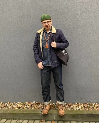 Green Beanie Outfits For Men: If the situation allows a casual look, you can wear a navy shirt jacket and a green beanie. Rounding off with a pair of tan leather casual boots is the simplest way to breathe an added dose of class into your look.