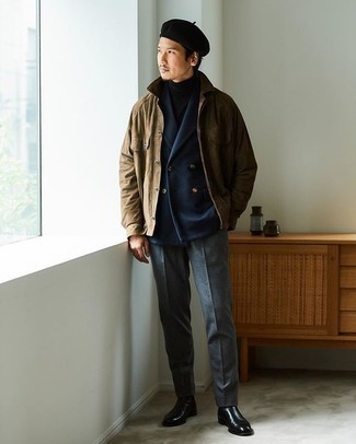 Navy Wool Blazer Outfits For Men: A navy wool blazer and charcoal wool dress pants are essential in an elegant man's wardrobe. To bring a dose of stylish effortlessness to your ensemble, introduce black leather chelsea boots to the equation.