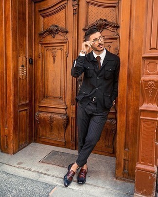Black Vertical Striped Chinos Outfits: This combo of a black shirt jacket and black vertical striped chinos is super easy to create and so comfortable to sport from dawn till dusk as well! A pair of burgundy fringe leather loafers instantly boosts the fashion factor of this outfit.