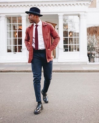 Navy Wool Hat Outfits For Men: If you like casual street style style, why not take this combo of a red shirt jacket and a navy wool hat for a walk? You can take a classic approach with shoes and opt for black leather derby shoes.