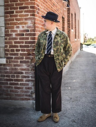 Navy Wool Hat Outfits For Men: This combo of an olive camouflage shirt jacket and a navy wool hat is beyond versatile and creates instant appeal. Amp up this whole look by rocking a pair of olive suede tassel loafers.