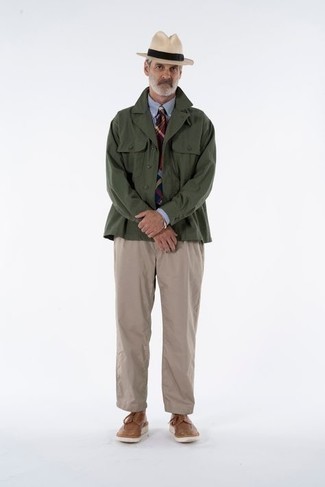 Men's Olive Shirt Jacket, White and Blue Check Dress Shirt, Khaki Chinos, Brown Leather Derby Shoes