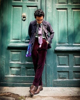 Multi colored Print Scarf Outfits For Men: A navy linen shirt jacket and a multi colored print scarf are a nice combo to have in your casual wardrobe. A pair of brown leather brogue boots effortlessly levels up the ensemble.