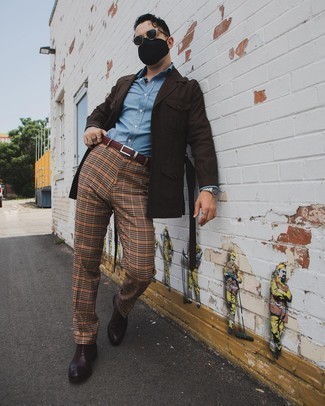 Orange Check Dress Pants Outfits For Men: A dark brown shirt jacket and orange check dress pants are absolute wardrobe heroes if you're piecing together a refined closet that holds to the highest menswear standards. Add a pair of dark brown leather oxford shoes to the equation for a masculine aesthetic.