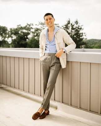 Olive Dress Pants Outfits For Men: This combination of a beige shirt jacket and olive dress pants is a tested option when you need to look like a stylish dandy. Complete your look with brown suede loafers and you're all done and looking awesome.
