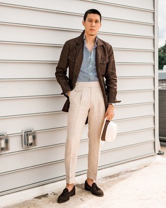 Dark Brown Shirt Jacket Outfits For Men: Putting together a dark brown shirt jacket with beige linen dress pants is an on-point option for a stylish and sophisticated look. Go for dark brown suede tassel loafers and the whole look will come together.
