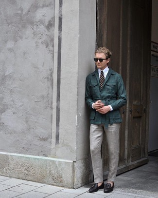 Teal Sunglasses Outfits For Men: This stylish outfit is really pared down: a teal shirt jacket and teal sunglasses. Avoid looking too casual by rounding off with dark brown woven leather tassel loafers.