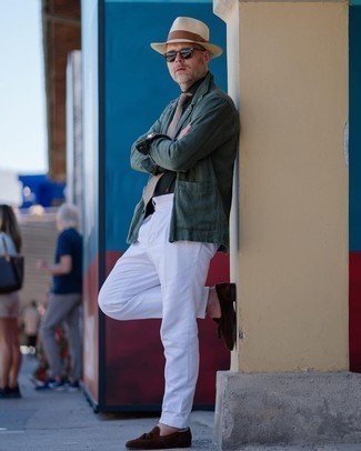 Tan Hat Outfits For Men: If you use a more relaxed approach to dressing up, why not pair a dark green shirt jacket with a tan hat? You could perhaps get a bit experimental on the shoe front and complement this outfit with dark brown suede tassel loafers.