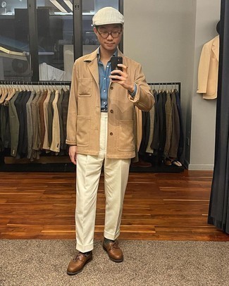 Beige Dress Pants Outfits For Men: Marrying a tan shirt jacket with beige dress pants is a nice idea for a dapper and refined ensemble. Let your styling expertise truly shine by finishing off this ensemble with a pair of brown leather boat shoes.