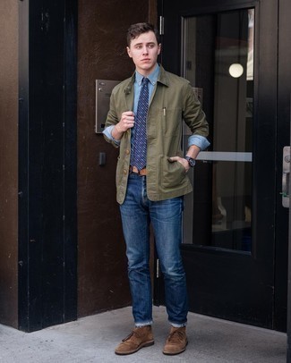 Tobacco Leather Belt Outfits For Men: Consider pairing an olive shirt jacket with a tobacco leather belt if you're looking for an outfit idea for when you want to look casually stylish. Take a more sophisticated approach with footwear and introduce brown suede desert boots to the mix.
