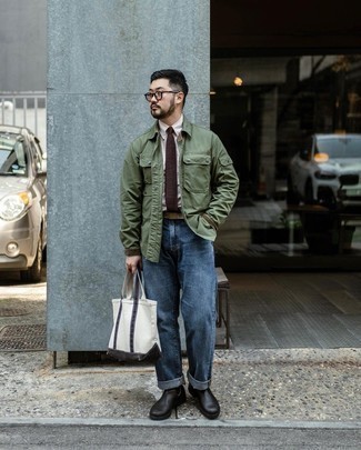 Tote Bag Outfits For Men: Consider pairing an olive shirt jacket with a tote bag for a modern twist on casual city outfits. Want to dial it up on the shoe front? Complement this look with a pair of black leather chelsea boots.