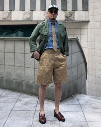 Beige Shorts Outfits For Men: This combo of a dark green shirt jacket and beige shorts is hard proof that a safe casual look doesn't have to be boring. If you want to easily step up this ensemble with footwear, why not complete this outfit with a pair of dark brown leather tassel loafers?