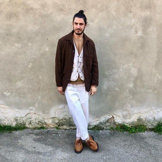 Dark Brown Wool Shirt Jacket Outfits For Men: This pairing of a dark brown wool shirt jacket and white chinos speaks versatility and relaxed menswear style. Brown leather desert boots look perfectly at home with this look.