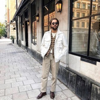 White Shirt Jacket Outfits For Men: A white shirt jacket and beige chinos are absolute staples if you're piecing together a semi-casual closet that holds to the highest sartorial standards. Rev up your whole outfit by sporting burgundy leather derby shoes.