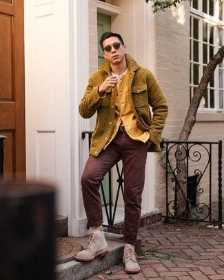 Olive Wool Shirt Jacket Outfits For Men: Opt for an olive wool shirt jacket and brown chinos for a stylish combo. If you're puzzled as to how to round off, a pair of beige suede casual boots is a fail-safe option.