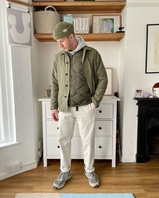 Men's Olive Shirt Jacket, Olive Quilted Gilet, Grey Hoodie, White Chinos