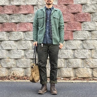 Mint Shirt Jacket Outfits For Men: Stylish yet comfy, this look is comprised of a mint shirt jacket and dark green jeans. Go the extra mile and jazz up your outfit by rounding off with a pair of dark brown leather work boots.