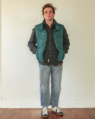 Men's Charcoal Check Wool Shirt Jacket, Dark Green Quilted Gilet, Multi colored Plaid Long Sleeve Shirt, Light Blue Jeans