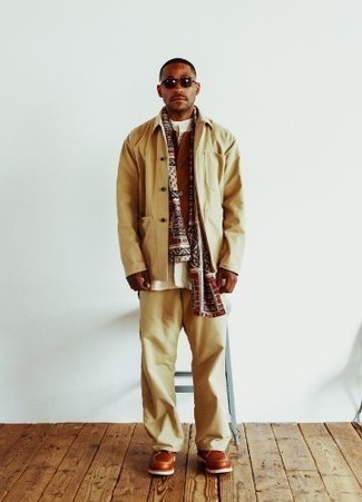 Scarf Outfits For Men: This combo of a tan shirt jacket and a scarf is very easy to do and so comfortable to wear a variation of as well! Balance this outfit with a more elegant kind of shoes, like these tobacco leather derby shoes.