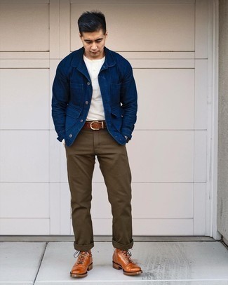 Tobacco Leather Casual Boots Smart Casual Outfits For Men: A navy shirt jacket and brown chinos make for the ultimate effortlessly smart ensemble. Let your outfit coordination chops really shine by finishing off with a pair of tobacco leather casual boots.