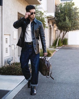 Black Leather Chelsea Boots Outfits For Men: Want to infuse your closet with some fashion-forward cool? Wear a black leather shirt jacket and navy jeans. Want to go all out with footwear? Complete this getup with black leather chelsea boots.