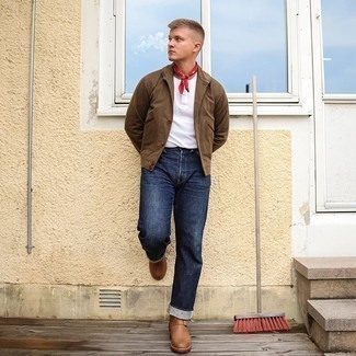 Men's Brown Shirt Jacket, White Henley Shirt, Navy Jeans, Brown Leather Chelsea Boots