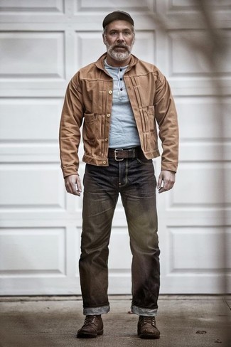 Dark Brown Baseball Cap Outfits For Men: A tan shirt jacket and a dark brown baseball cap are great menswear items to have in your current casual arsenal. For something more on the smart side to complete your getup, complement this look with a pair of dark brown leather casual boots.