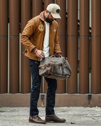 Tan Print Baseball Cap Outfits For Men: For a laid-back getup, marry a brown shirt jacket with a tan print baseball cap — these items work nicely together. To add some extra classiness to your getup, introduce a pair of dark brown leather casual boots to the mix.