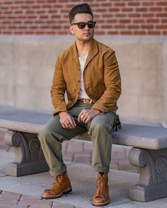 Tan Shirt Jacket Outfits For Men: You'll be amazed at how extremely easy it is for any gent to get dressed this way. Just a tan shirt jacket worn with olive jeans. Brown leather casual boots integrate seamlessly within a myriad of combinations.