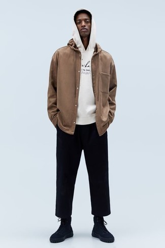 Brown Shirt Jacket Outfits For Men: This combo of a brown shirt jacket and black chinos looks neat and instantly makes any gent look dapper. To inject a more laid-back spin into this getup, finish with a pair of black canvas high top sneakers.