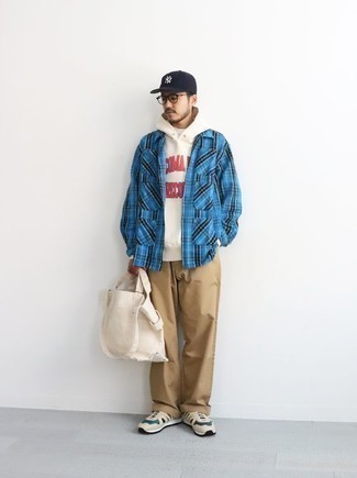 Beige Canvas Tote Bag Outfits For Men: An aquamarine plaid shirt jacket and a beige canvas tote bag are a good look to have in your casual styling routine. Introduce a pair of beige athletic shoes to this outfit for extra style points.