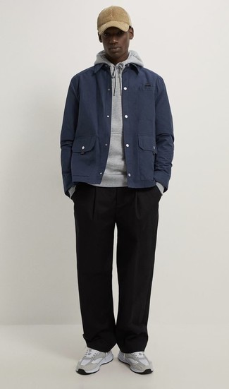 Navy Shirt Jacket Casual Outfits For Men: The best choice for casually sleek menswear style? A navy shirt jacket with black chinos. Our favorite of a ton of ways to complete this look is with a pair of grey athletic shoes.