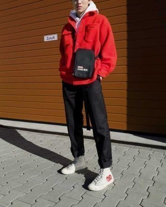 White and Black Print Canvas High Top Sneakers Outfits For Men: A red shirt jacket and black chinos will add extra style to your day-to-day repertoire. To give your ensemble a more laid-back touch, add white and black print canvas high top sneakers to the equation.