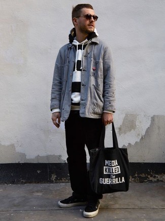 Men's Grey Shirt Jacket, White and Black Horizontal Striped Hoodie, Black Chinos, Black and White Canvas Low Top Sneakers
