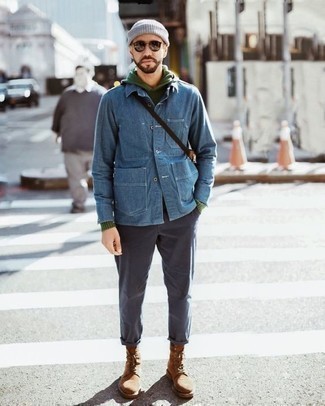 Tan Suede Casual Boots Outfits For Men: As you can see, looking stylish doesn't take that much time. Just rock a blue denim shirt jacket with charcoal chinos and be sure you'll look incredibly stylish. On the footwear front, this outfit pairs perfectly with tan suede casual boots.