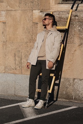 Beige Canvas High Top Sneakers Outfits For Men: For an ensemble that provides practicality and style, wear a beige shirt jacket and black print chinos. Finishing off with beige canvas high top sneakers is the most effective way to introduce a more casual vibe to your outfit.