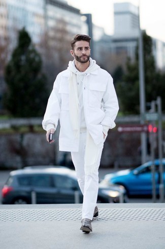 White Scarf Outfits For Men: This relaxed pairing of a white shirt jacket and a white scarf is extremely easy to throw together in no time, helping you look sharp and ready for anything without spending a ton of time going through your wardrobe. Kick up the classiness of your outfit a bit by rocking a pair of grey leather chelsea boots.