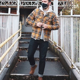 Black Jeans Outfits For Men: For seriously stylish menswear style without the need to sacrifice on practicality, we love this combo of an orange plaid flannel shirt jacket and black jeans. Introduce brown suede desert boots to the mix and ta-da: the outfit is complete.