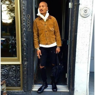 Brown Suede Shirt Jacket Outfits For Men: A brown suede shirt jacket and black ripped jeans are a cool pairing to keep in your closet. Feeling adventerous? Spice things up with black leather casual boots.